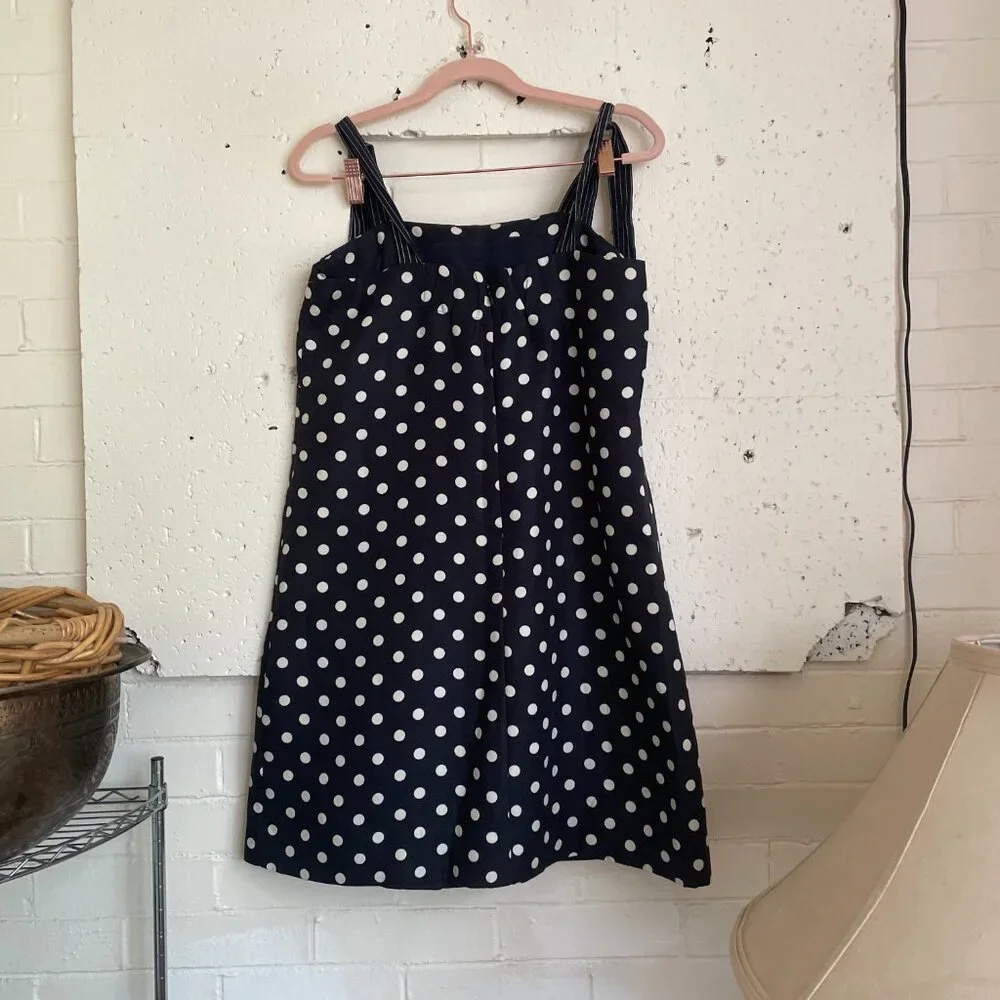 J. Crew | Navy Blue/White Polka Dot Linen/Silk Blend Tie-Shoulder Dress 4 - Picture 7 of 8